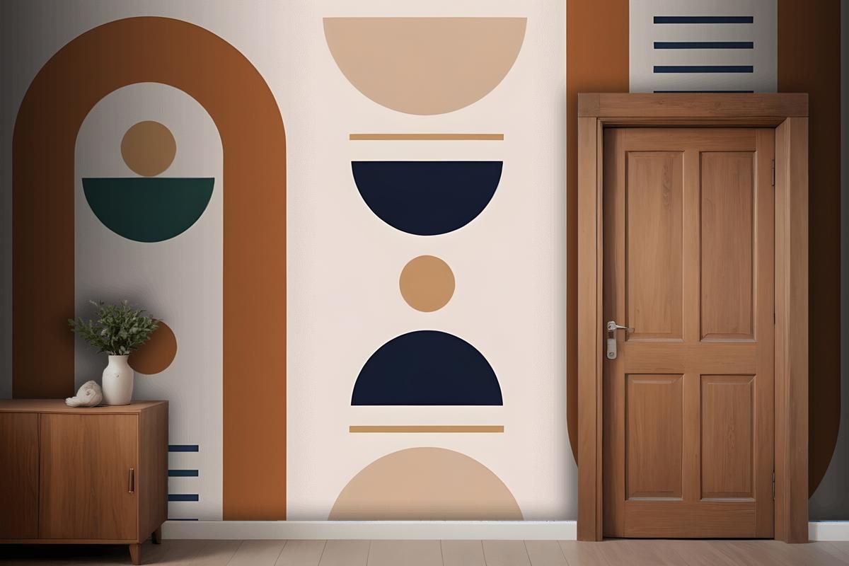 Geometric Shapes And Forms In Earthy Tones Of Brown Beige Navy And Green Wallpaper Mural