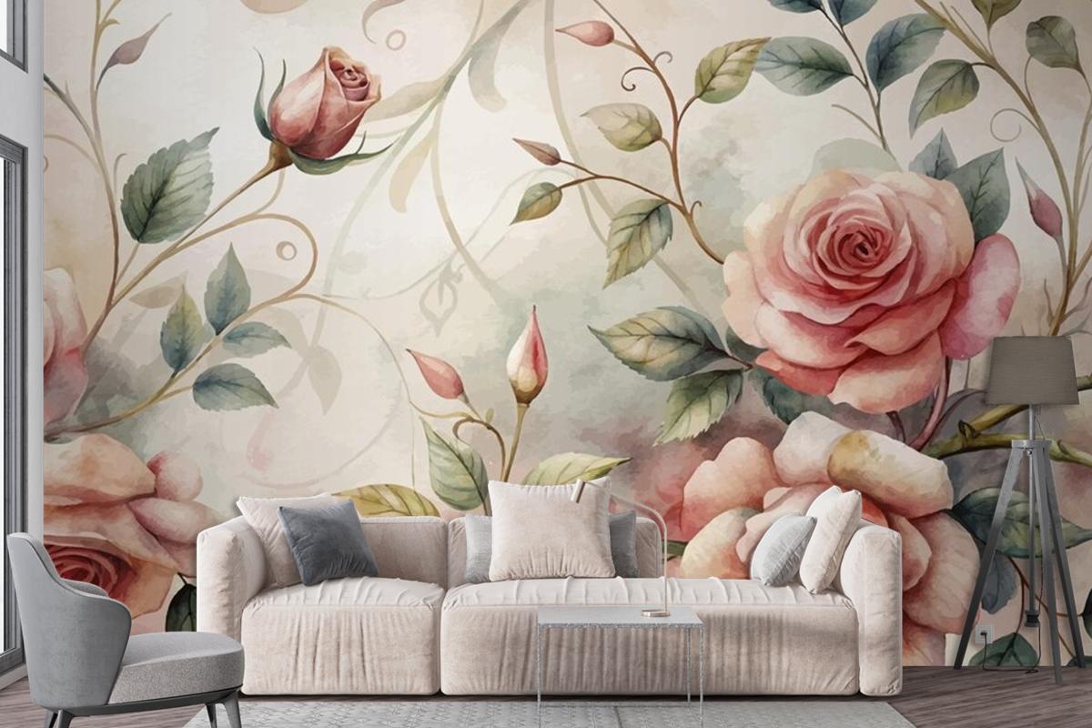 Graceful Rose Tree Pattern Watercolor Background Wallpaper Mural