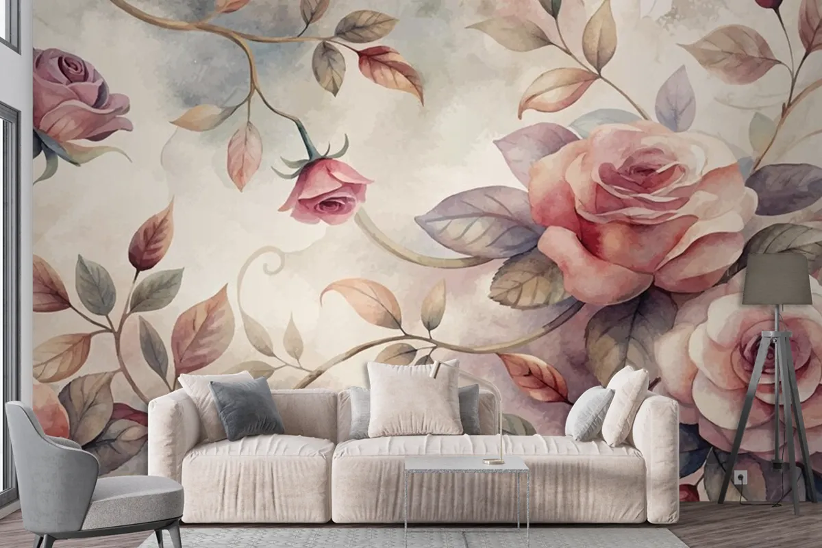 Graceful Rose Tree Pattern Watercolor Background Wallpaper Mural