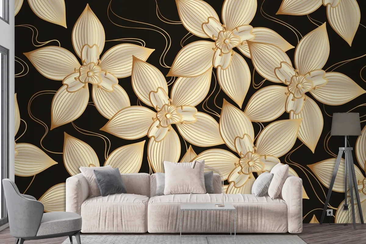 Gradient Golden Linear Background With Elegant Flowers Wallpaper Mural