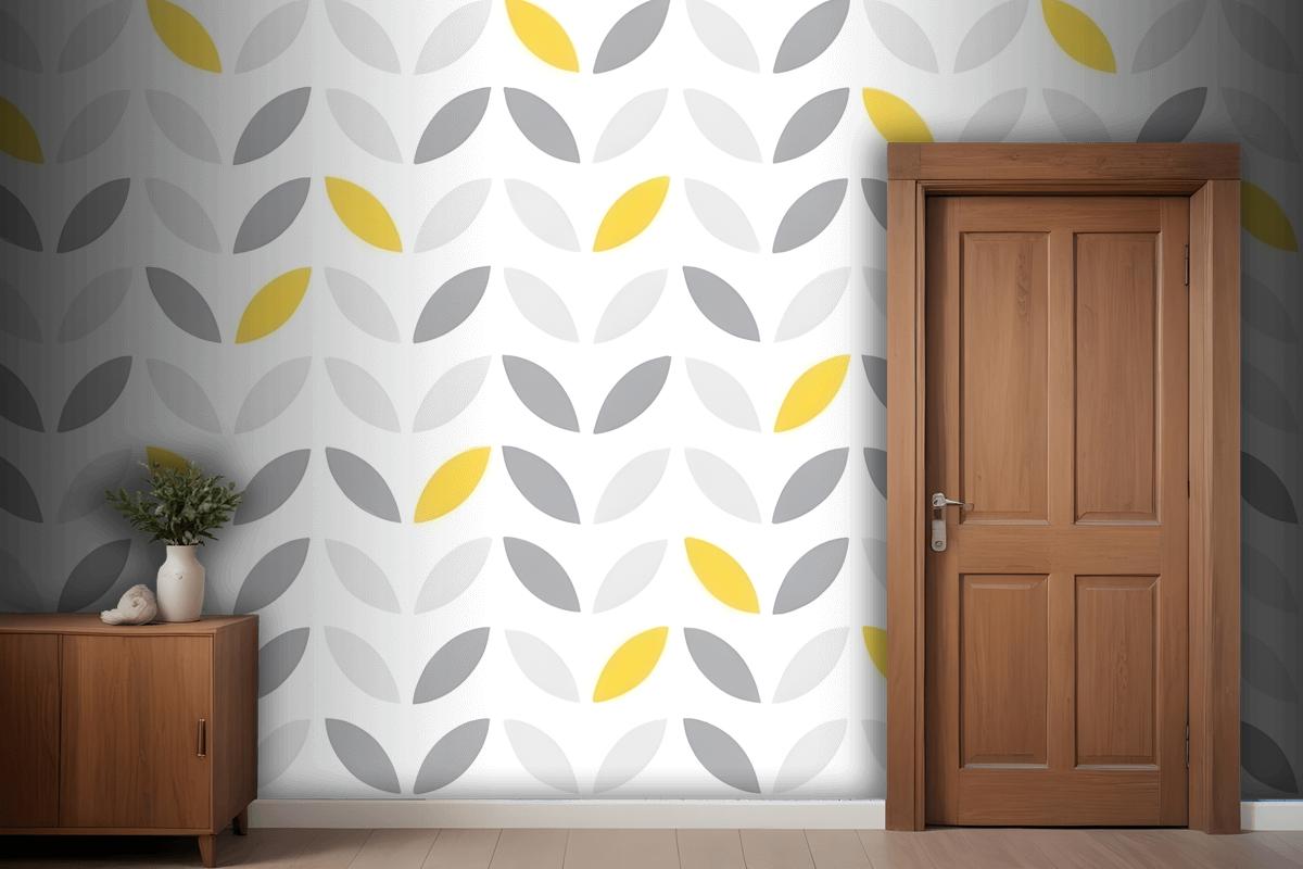 Gray And Yellow Leaf Shapes Arranged In A Repeating Geometric Design Wallpaper Mural