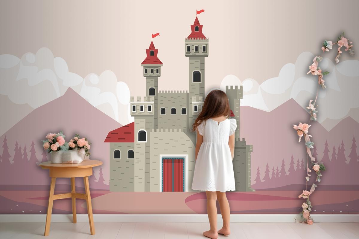 Gray Castle In Pink Landscape Scene Wallpaper Mural