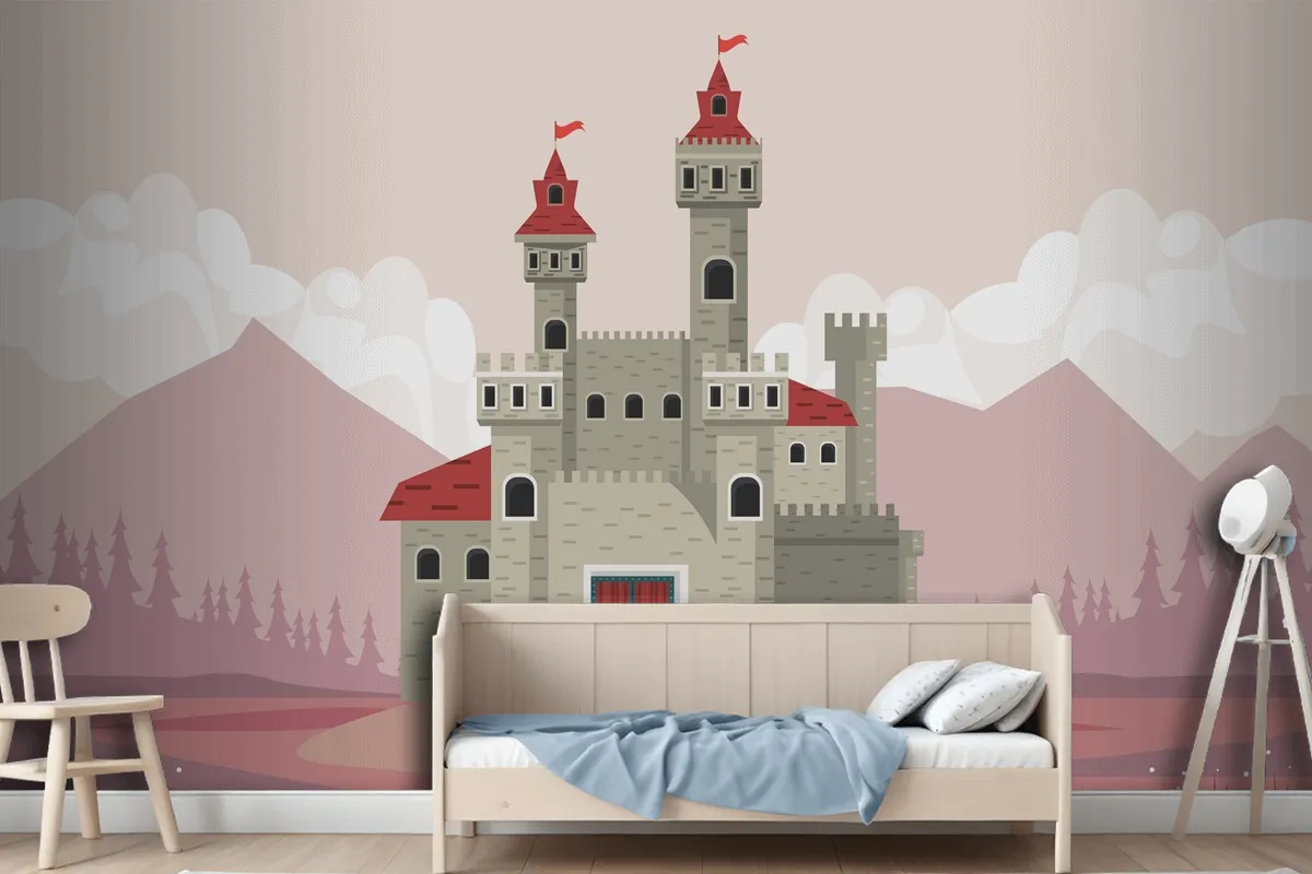 Gray Castle In Pink Landscape Scene Wallpaper Mural