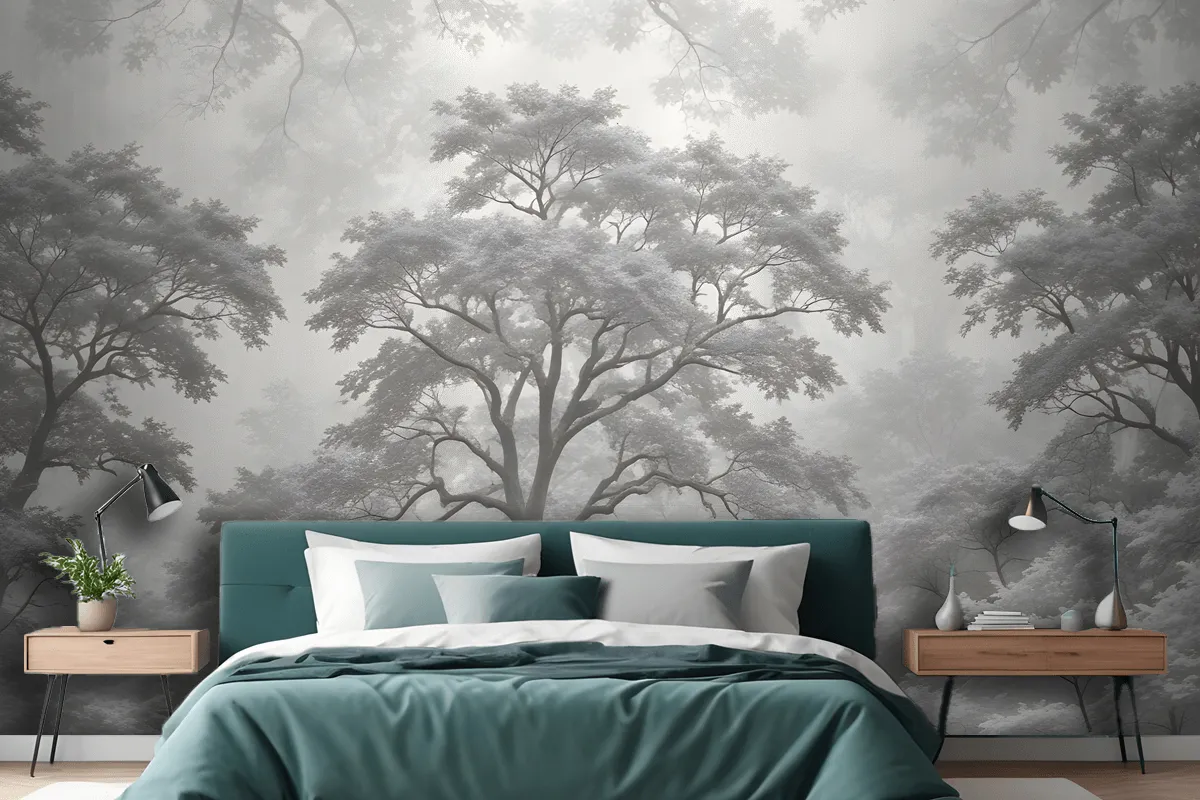 Gray Forest Illustration Etching Wallpaper Mural