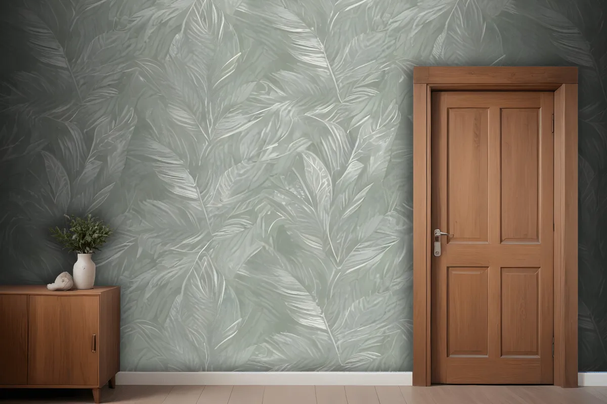 Green And White Abstract Pattern With Overlapping Leaf Or Featherlike Shapes Wallpaper Mural