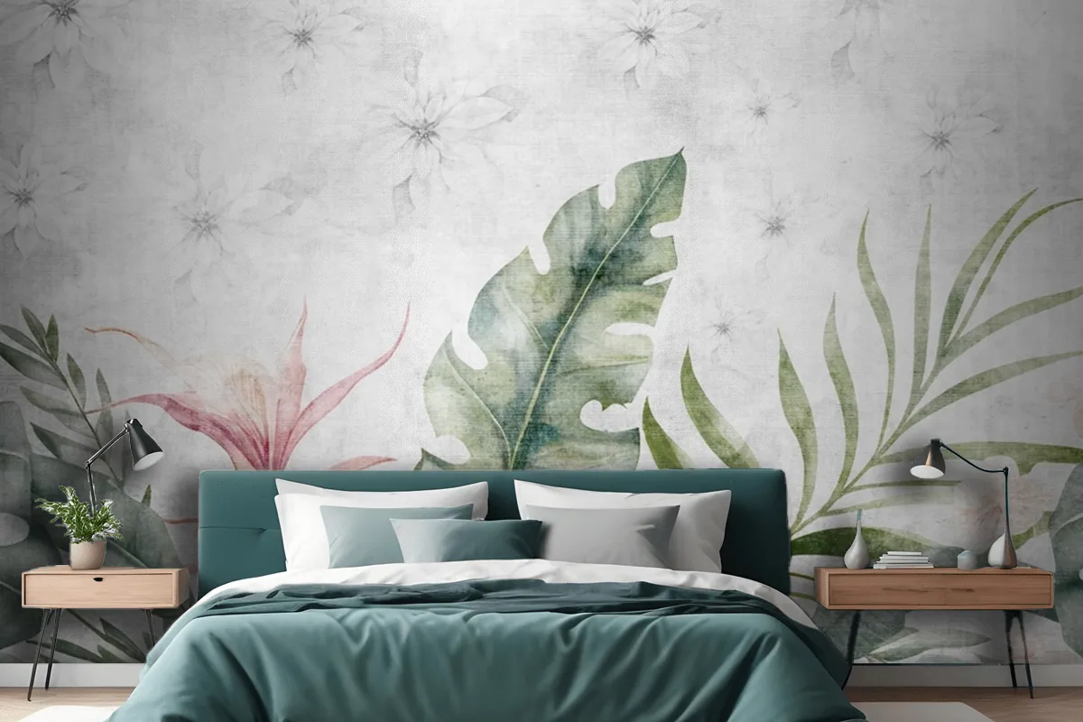 Green Branches Tree Leaves On Drawing Gray Wallpaper Mural