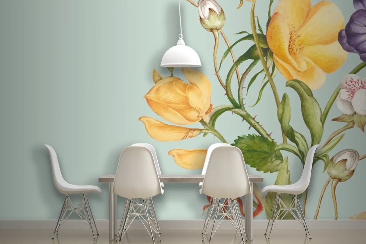 Green Floral Background In Pastel Paper Texture Style Wallpaper Mural