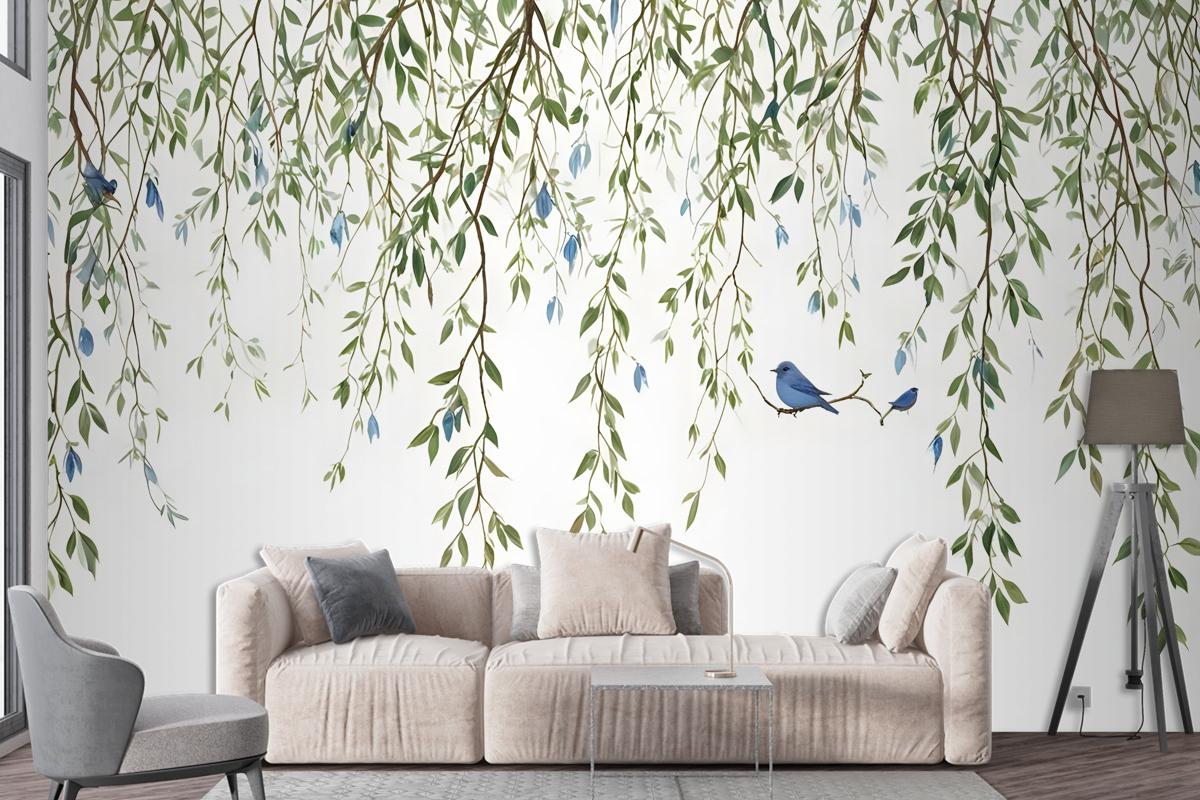 Green Hanging Leaves With Colorful Birds Wallpaper Mural