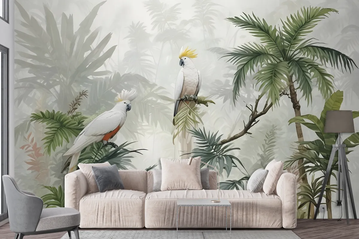 Green Tropical Forest With Parrot Wallpaper Mural