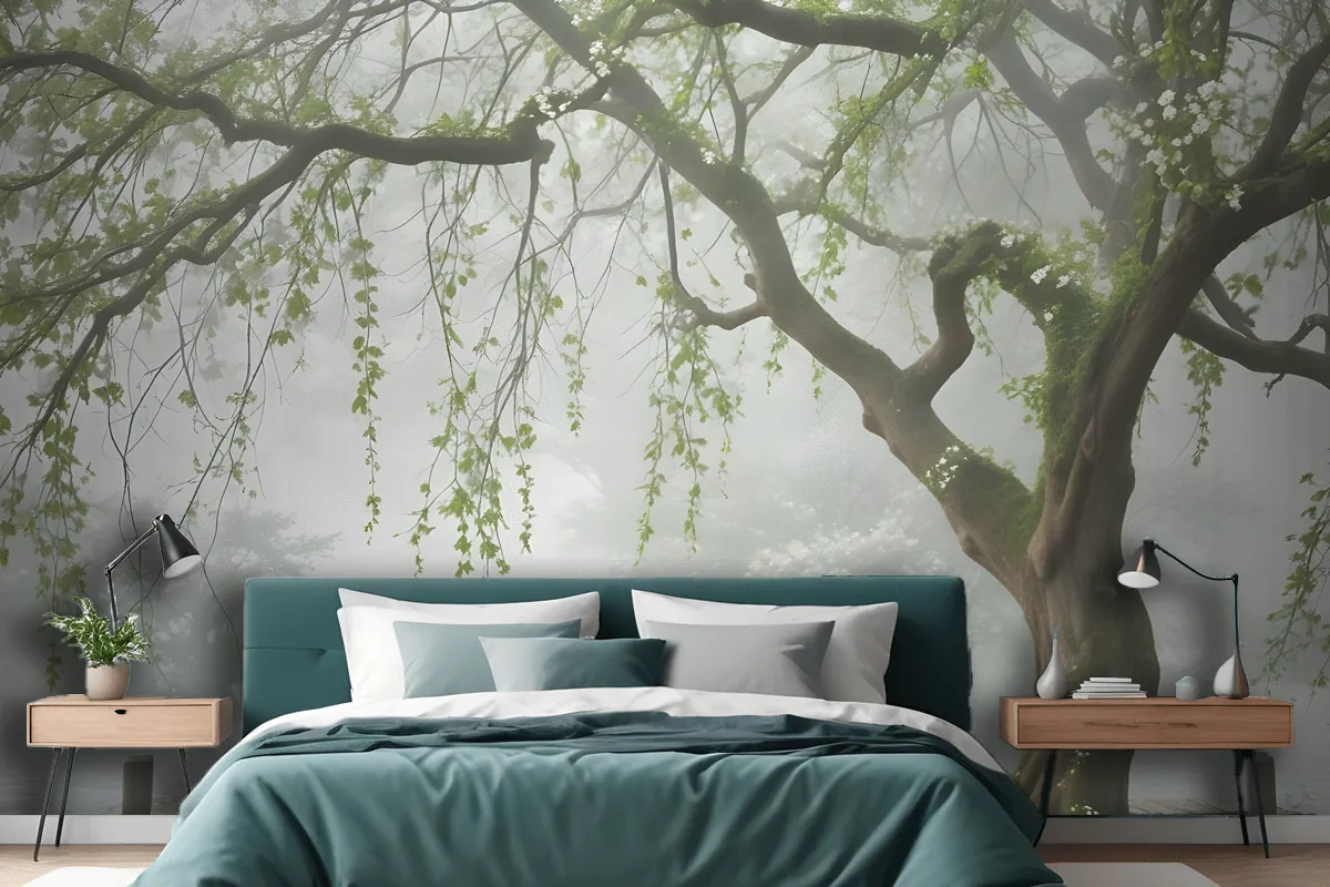 Green White Leaves And Flowers Tree Branches Wallpaper Mural