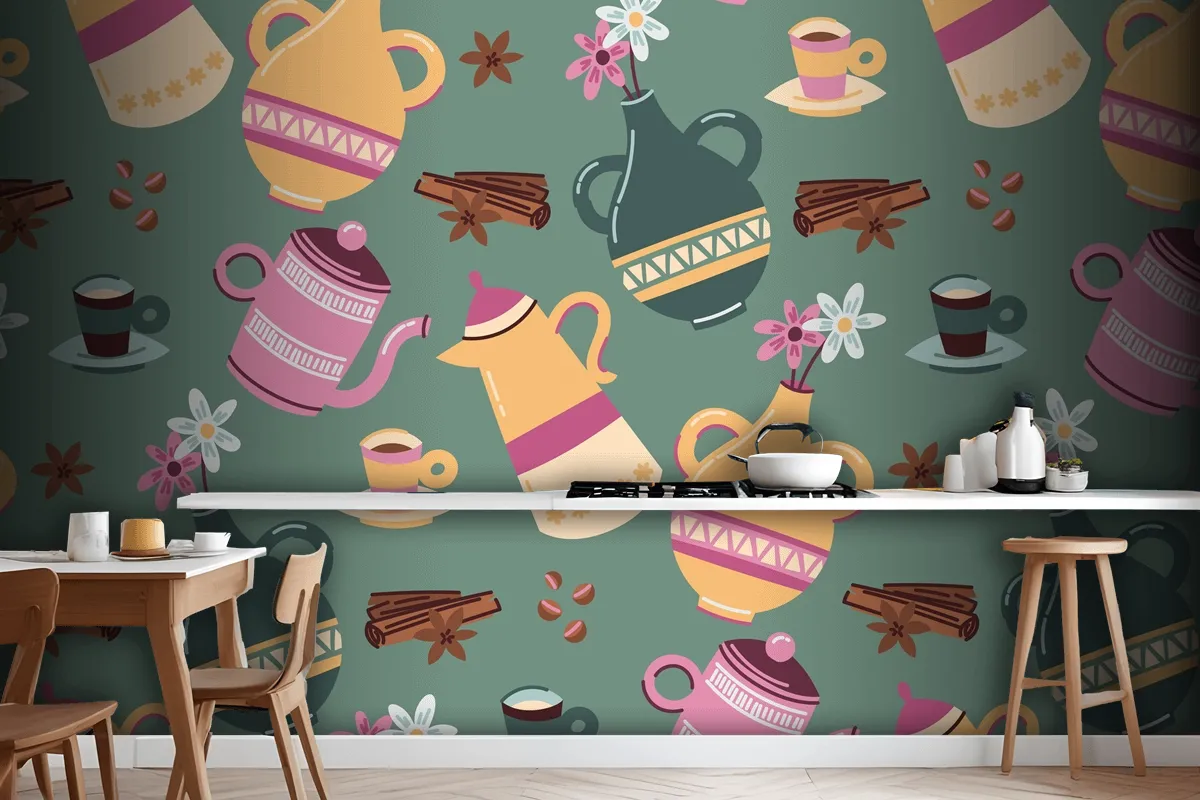 Hand Drawn Colorful Coffee Pattern Wallpaper Mural