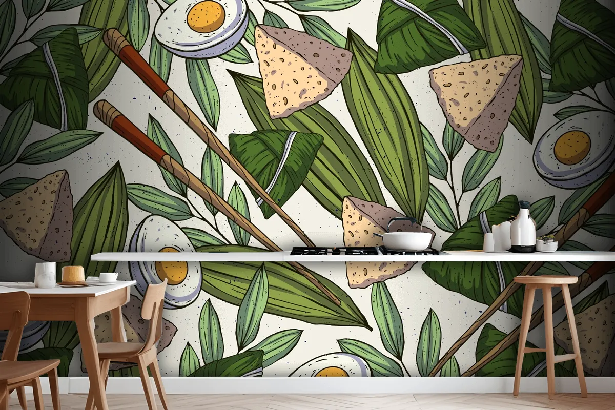 Hand Drawn Dragon Boats Zongzi Wallpaper Mural