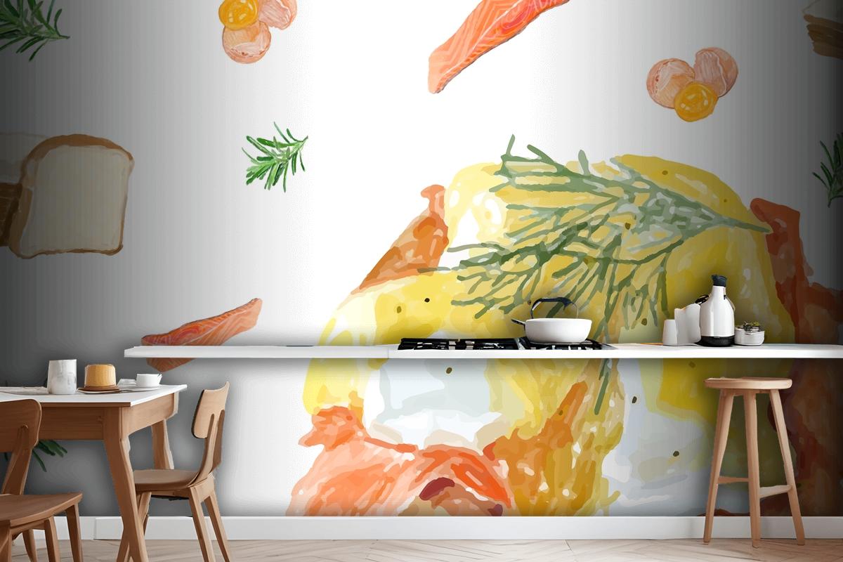 Hand Drawn Egg Benedic Watercolor Style Wallpaper Mural