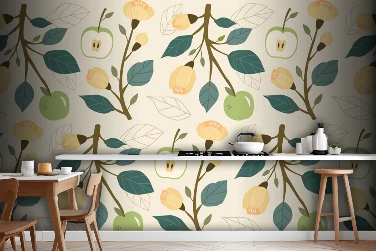 Hand Drawn Flat Fruit And Floral Pattern Kitchen Wallpaper Mural