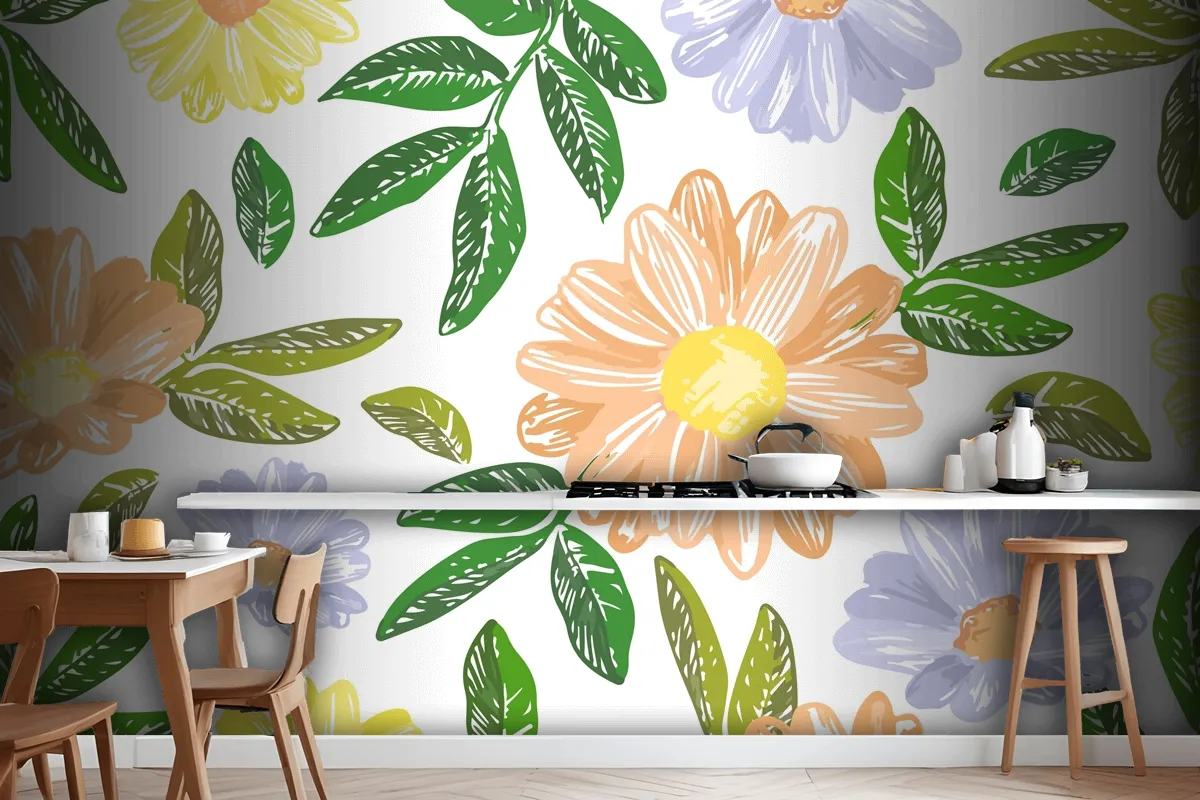 Hand Drawn Floral Embroidery Wallpaper Mural