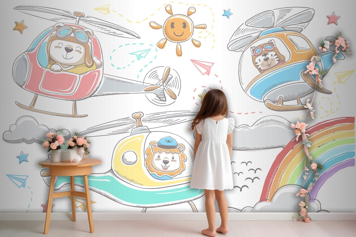 Hand Drawn Funny Animals Cartoon On Helicopters Sky Object Elements Cartoon Wallpaper Mural