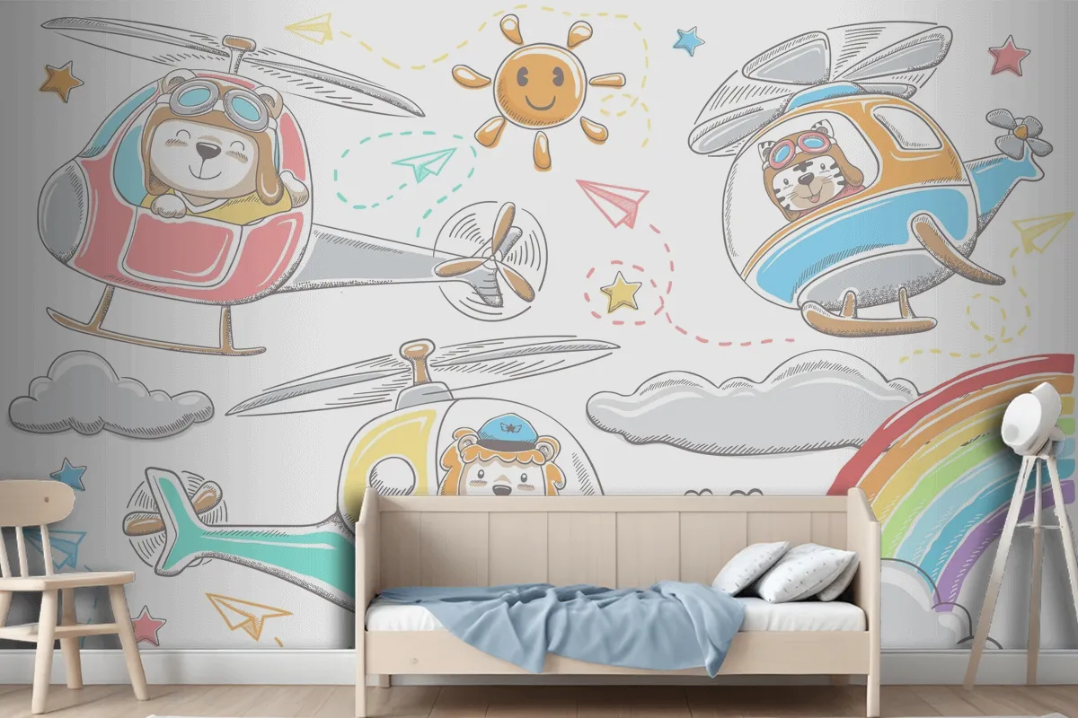 Hand Drawn Funny Animals Cartoon On Helicopters Sky Object Elements Cartoon Wallpaper Mural