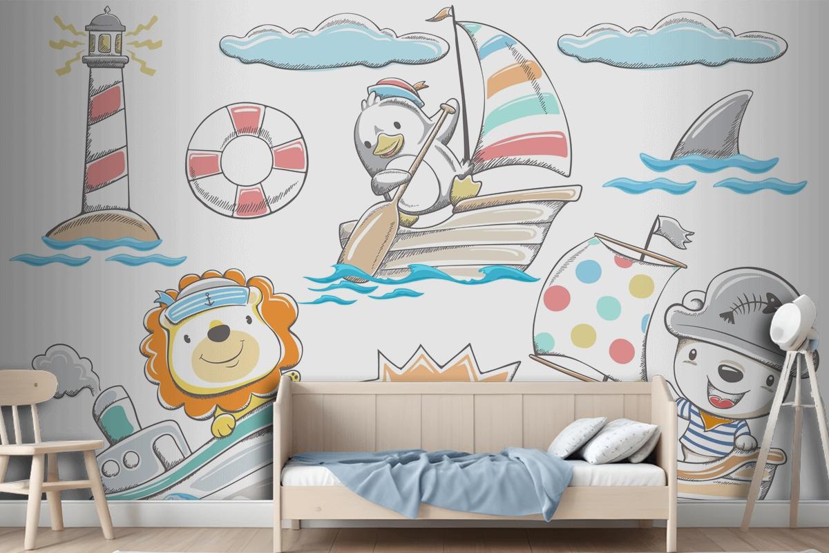 Hand Drawn Funny Animals Sailor With Sea Elements Wallpaper Mural