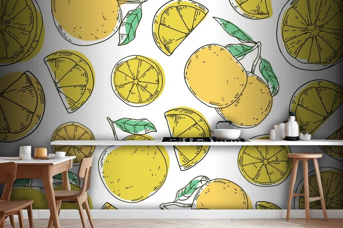 Hand Drawn Lineal Engraved Lemon Pattern Wallpaper Mural