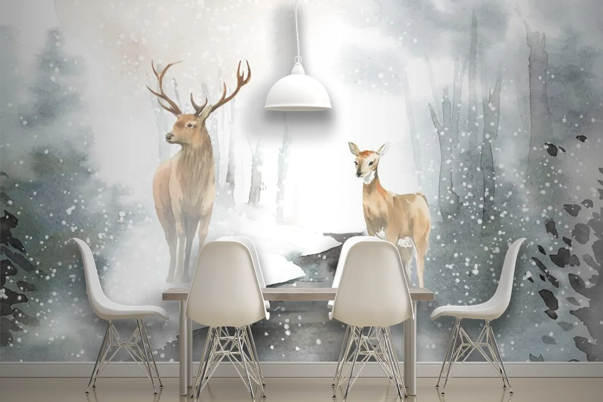 Handdrawn Pair Of Deer Watercolor Style Wallpaper Mural