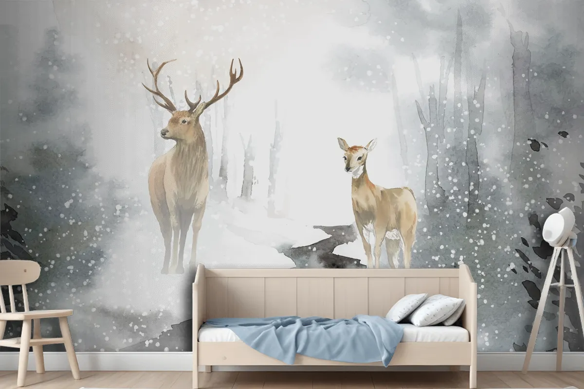 Handdrawn Pair Of Deer Watercolor Style Wallpaper Mural