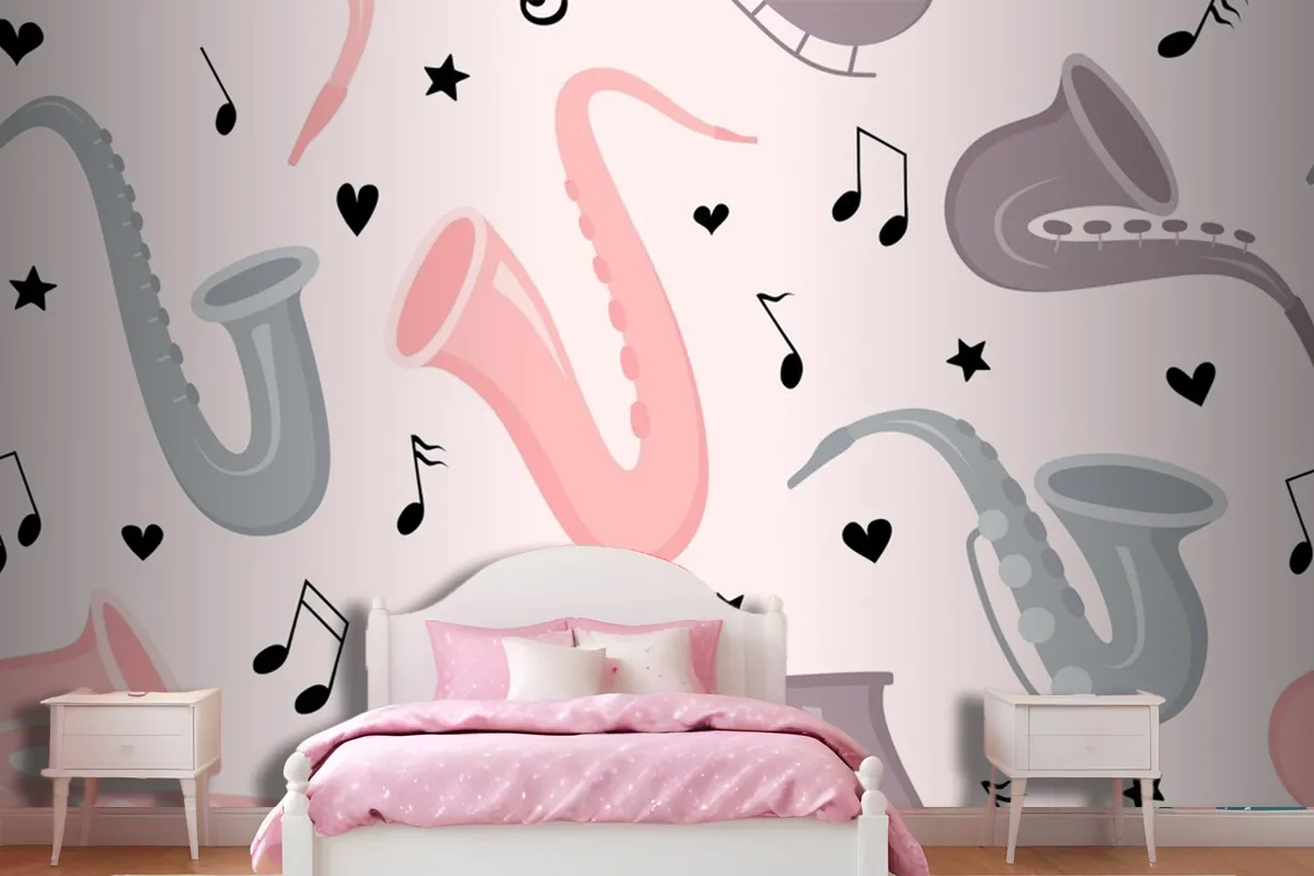 Hand Drawn Saxophone Seamless Pattern Wallpaper Mural