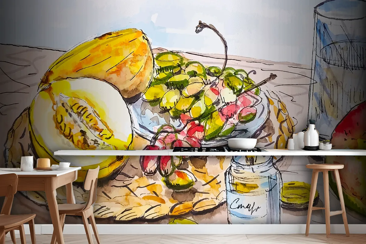 Hand Drawn Sketch Fruits On The Table At The Kitchen Grape Melon Mango Wallpaper Mural