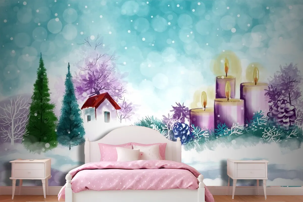 Hand Painted Watercolor Drawing For Christmas And Happy New Year Season Wallpaper Mural