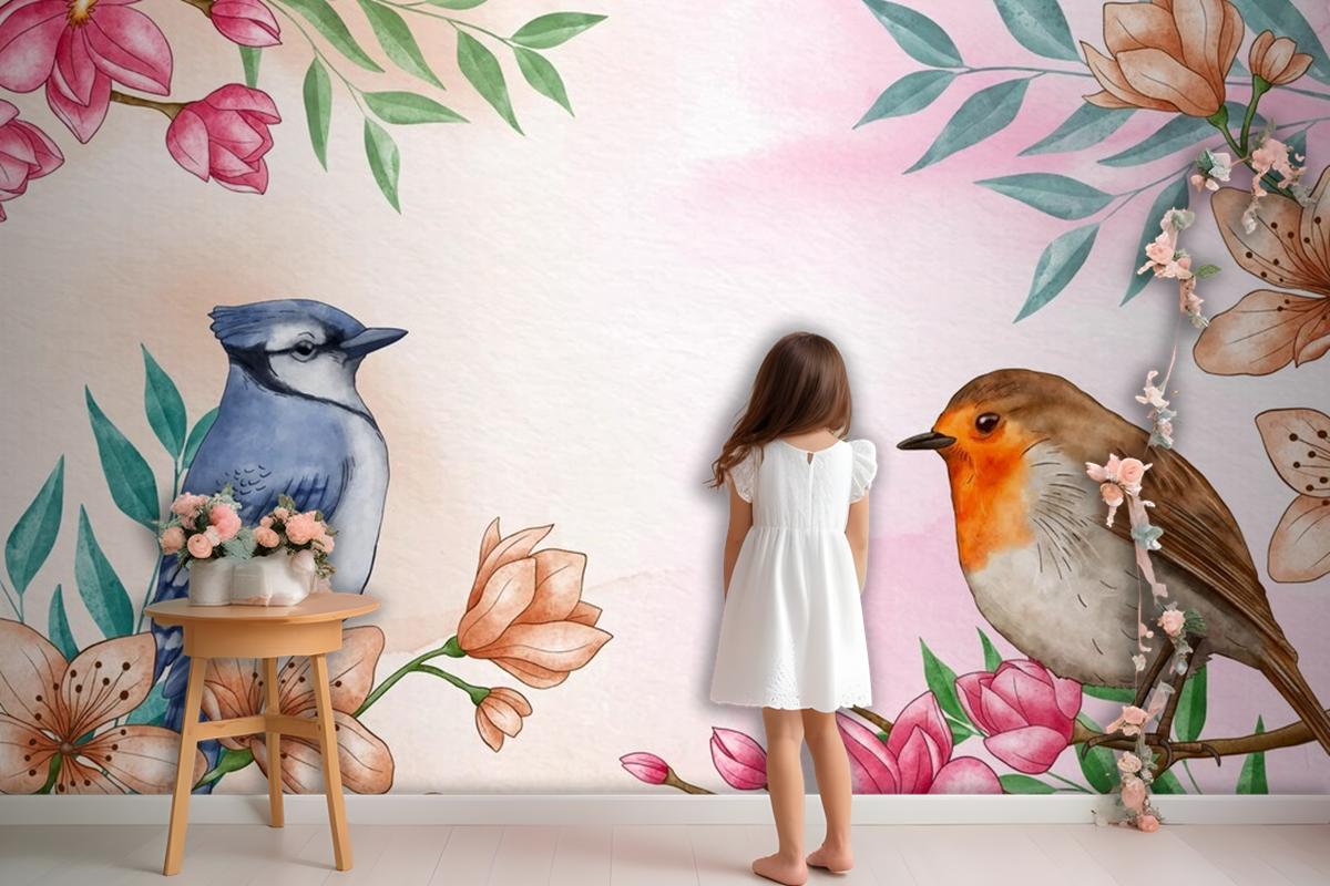 Hand Painted Watercolor Floral Birds Background Wallpaper Mural