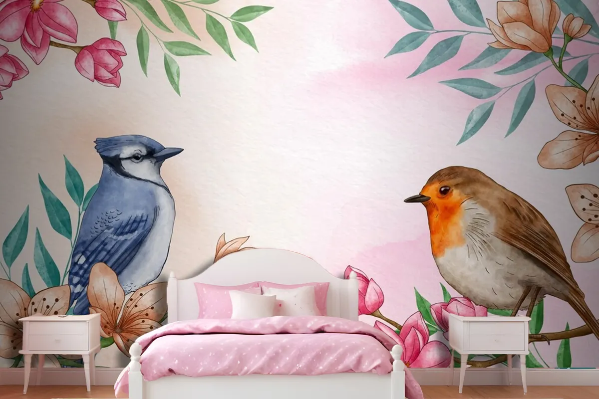 Hand Painted Watercolor Floral Birds Background Wallpaper Mural