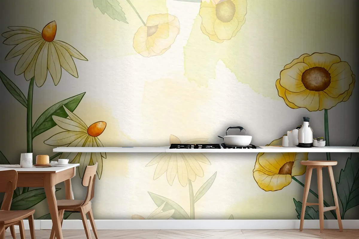 Hand Painted Watercolor Floral Kitchen Wallpaper Mural