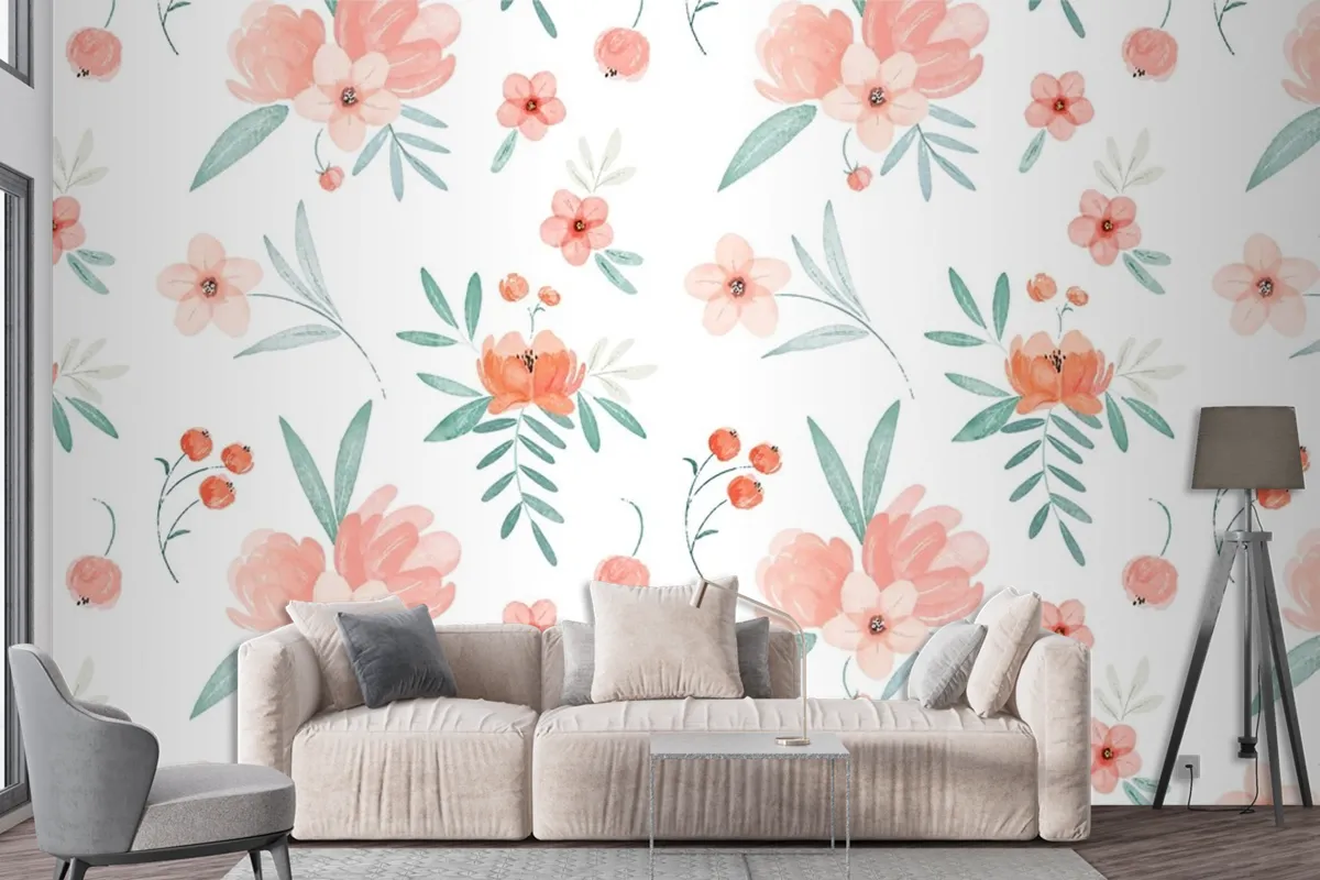 Hand Painted Watercolor Floral Pattern In Peach Tones Wallpaper Mural