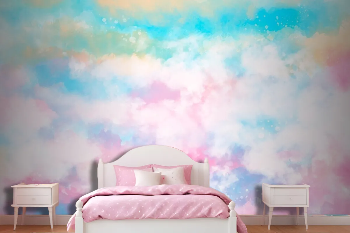 Hand Painted Watercolor Pastel Sky Background Girl Wallpaper Mural