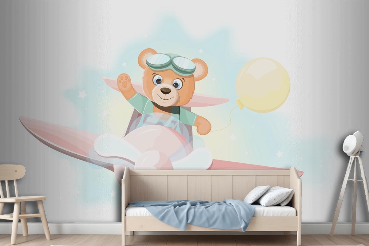 Happy Teddy Bear Flying On An Airplane Wallpaper Mural