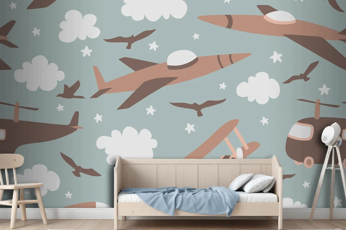 Hipster Doodles Colorful Seamless Pattern With Plane Drawing Boy Wallpaper Mural