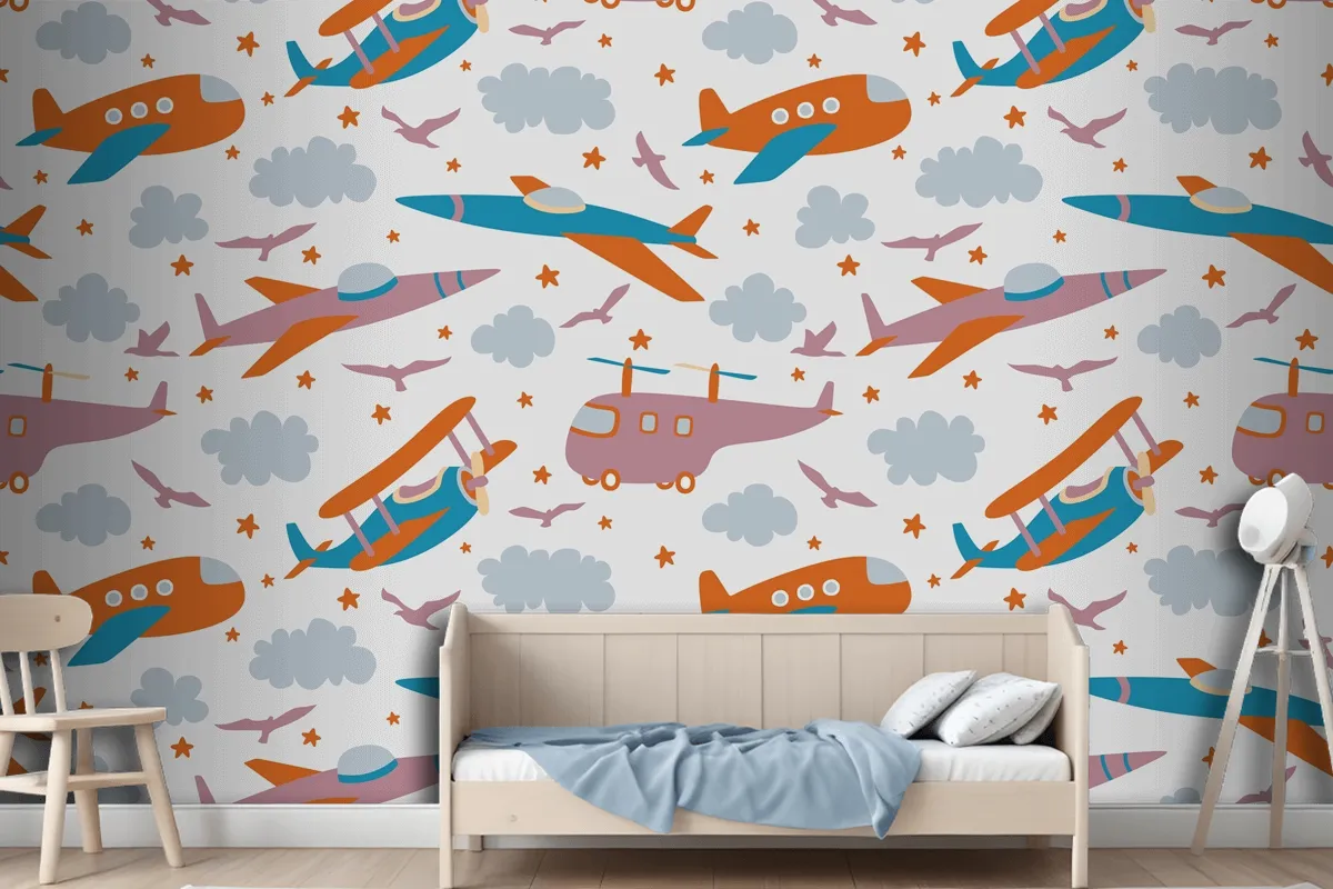 Hipster Doodles Colorful Seamless Pattern With Plane Drawing Wallpaper Mural