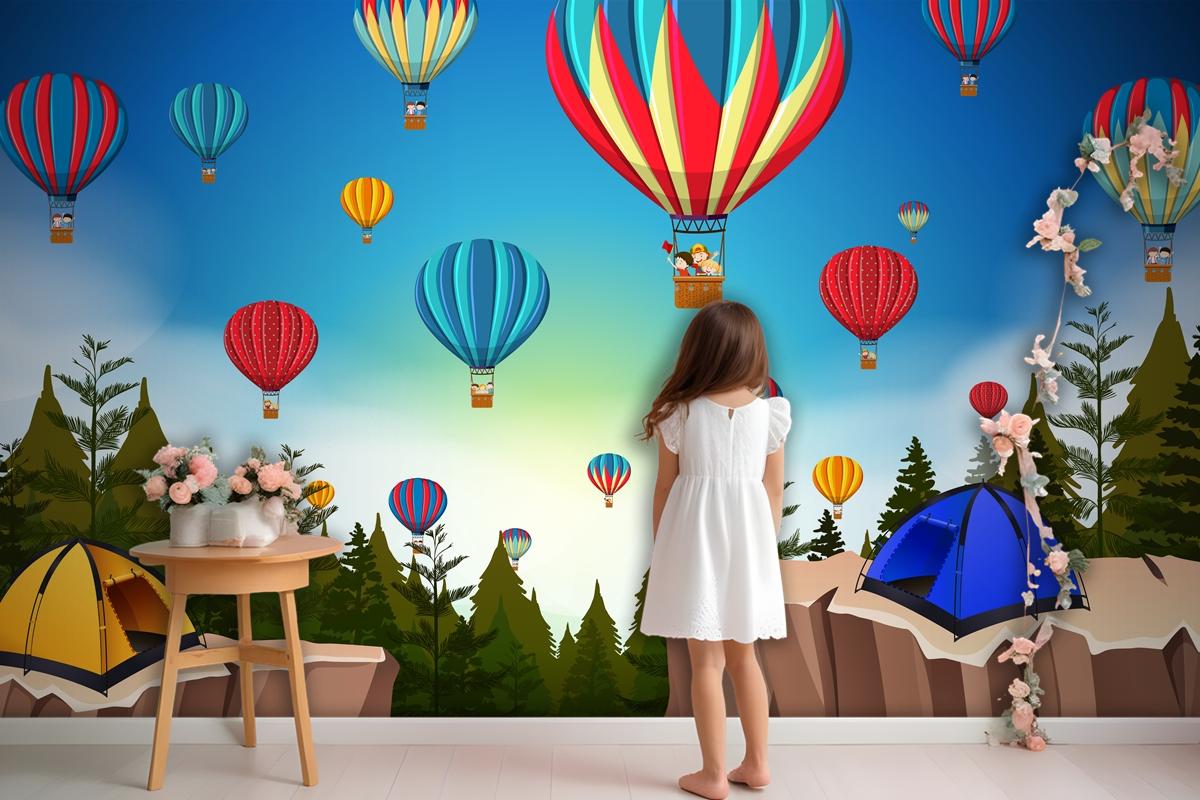 Hot Air Balloon In Nature Landscape Wallpaper Mural