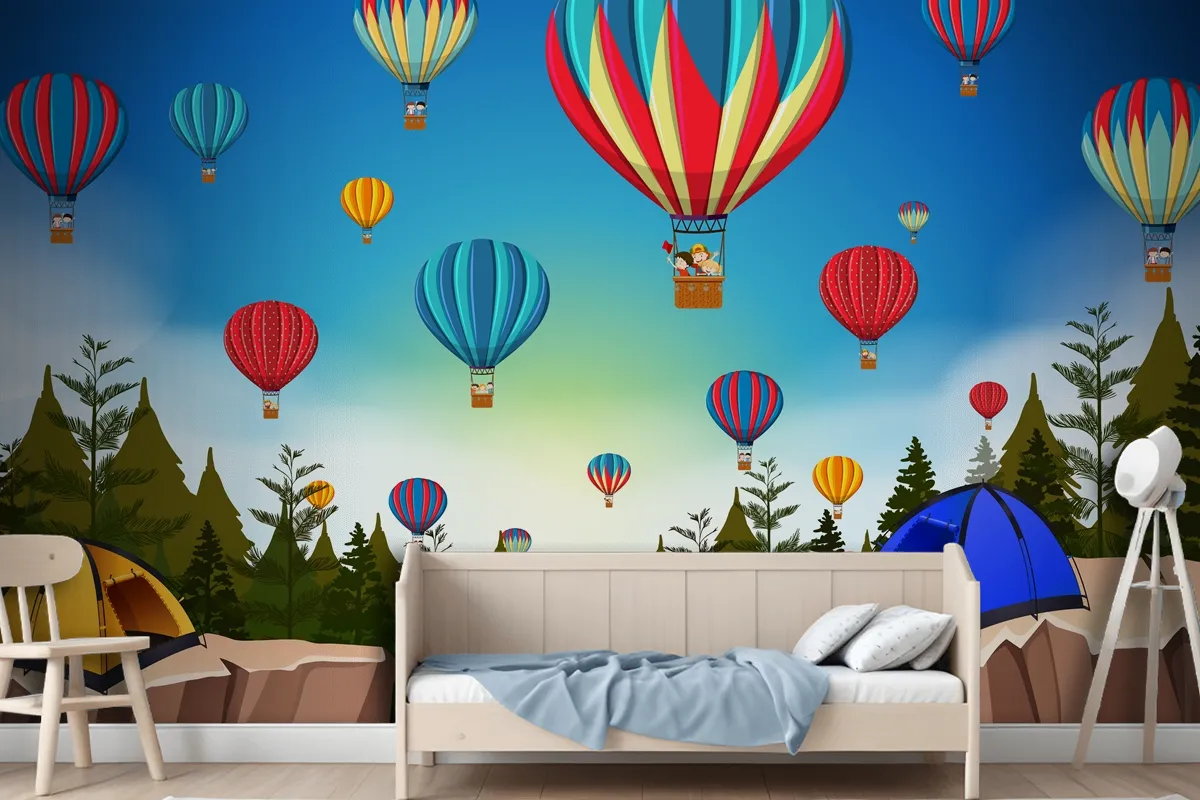 Hot Air Balloon In Nature Landscape Wallpaper Mural