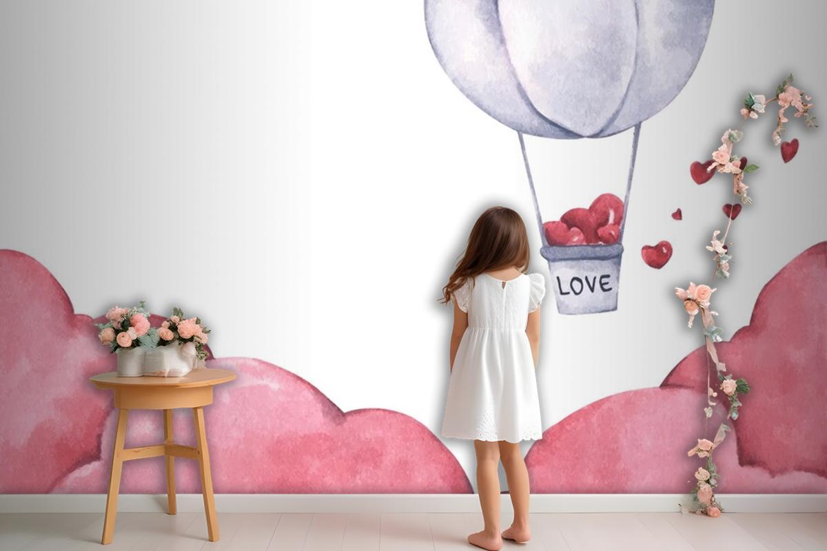 Hot Air Balloon With Heart Float On The Sky Wallpaper Mural