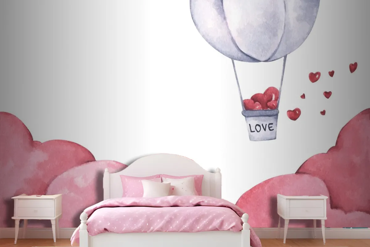 Hot Air Balloon With Heart Float On The Sky Wallpaper Mural