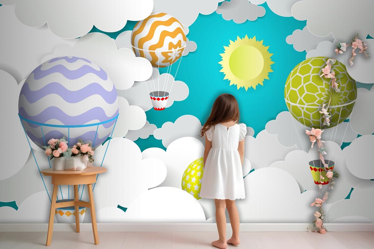 Hot Air Balloons In The Sky Paper Art Style Wallpaper Mural