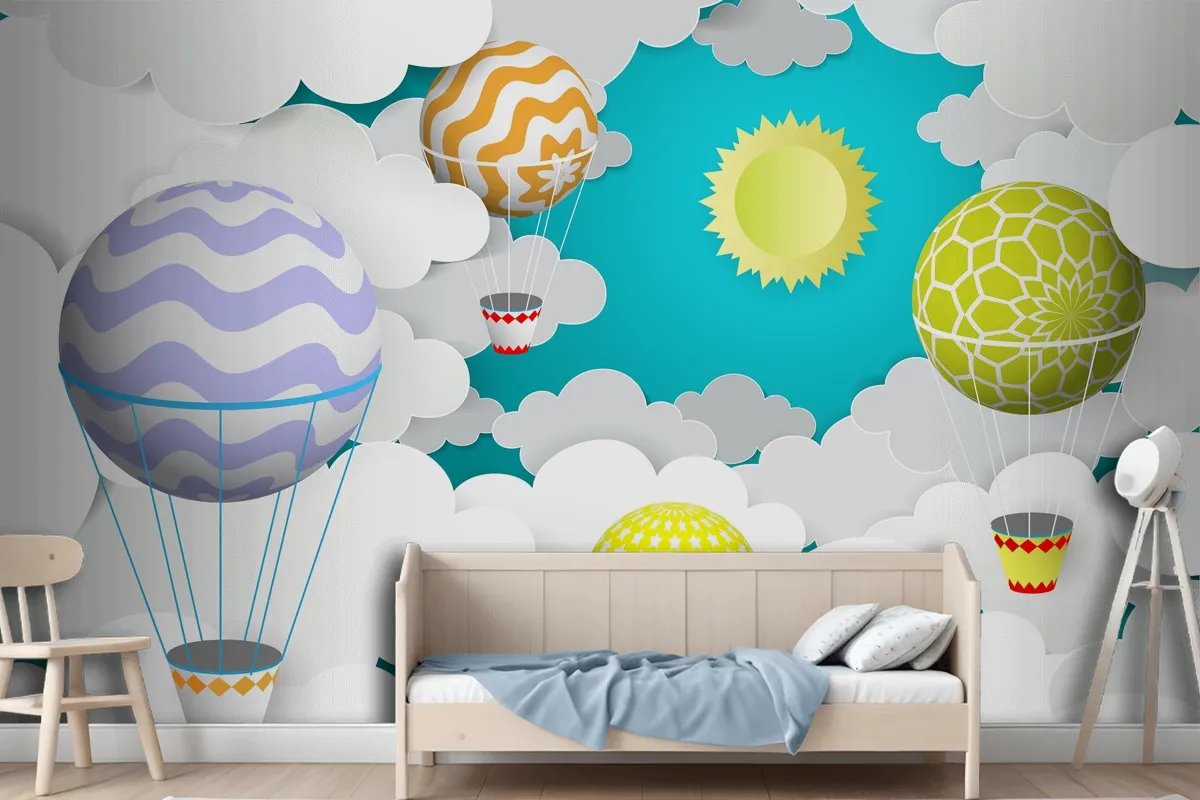 Hot Air Balloons In The Sky Paper Art Style Wallpaper Mural