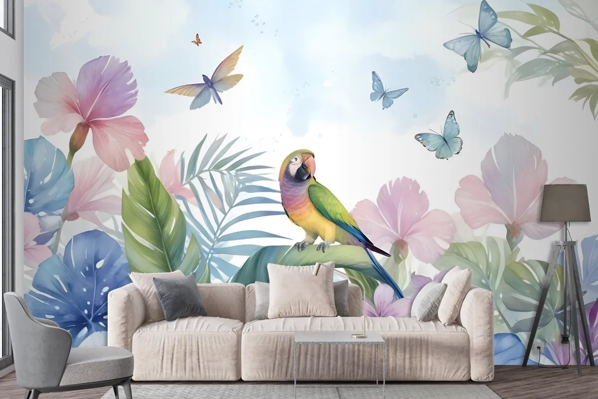 Hydrangea And Peony With Parrot Wallpaper Mural