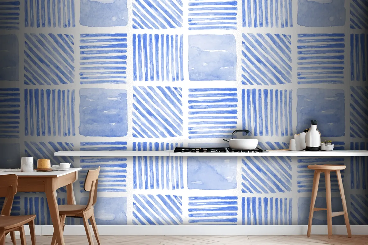 Indigo Blue Watercolor Geometric Seamless Patterned Wallpaper Mural