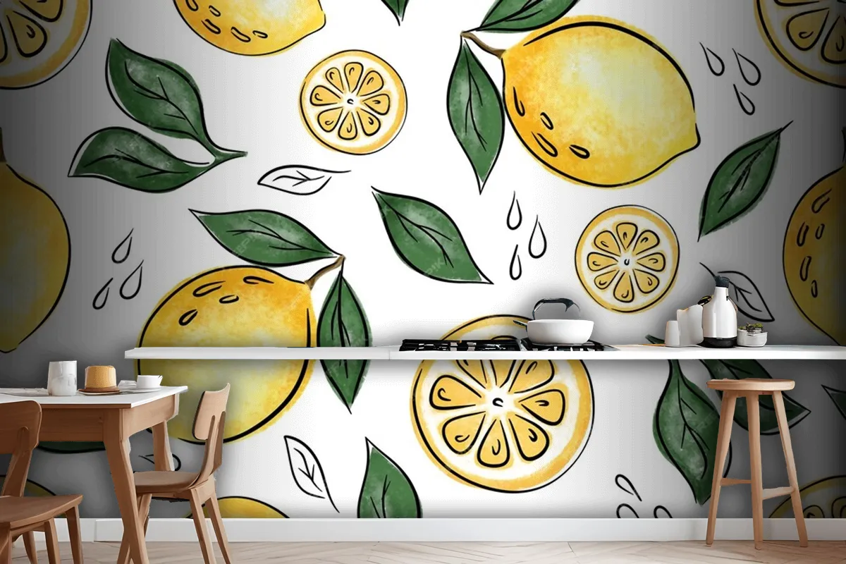 Juicy Seamless Pattern With Lemons And Leaves Wallpaper Mural