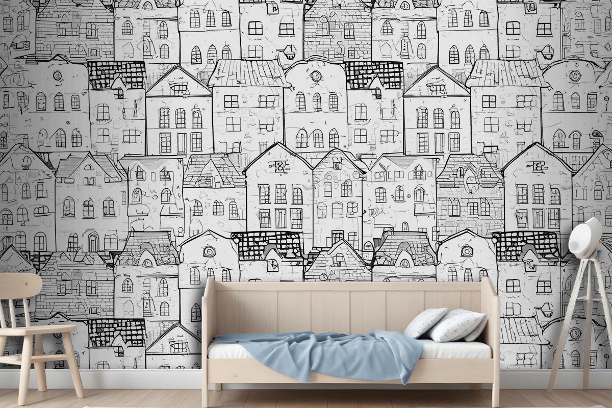 Kids Black And White Sketch House Wallpaper Mural