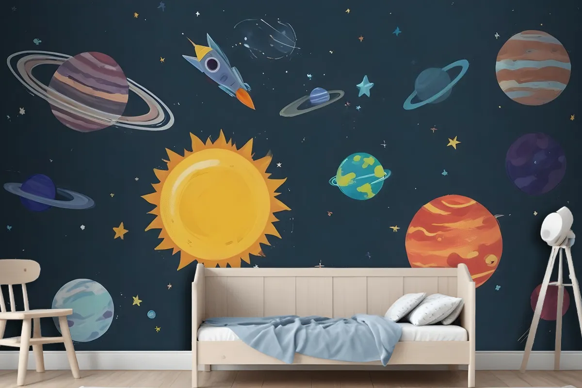 Kids Boys Watercolor Space And Solar System Wallpaper Mural