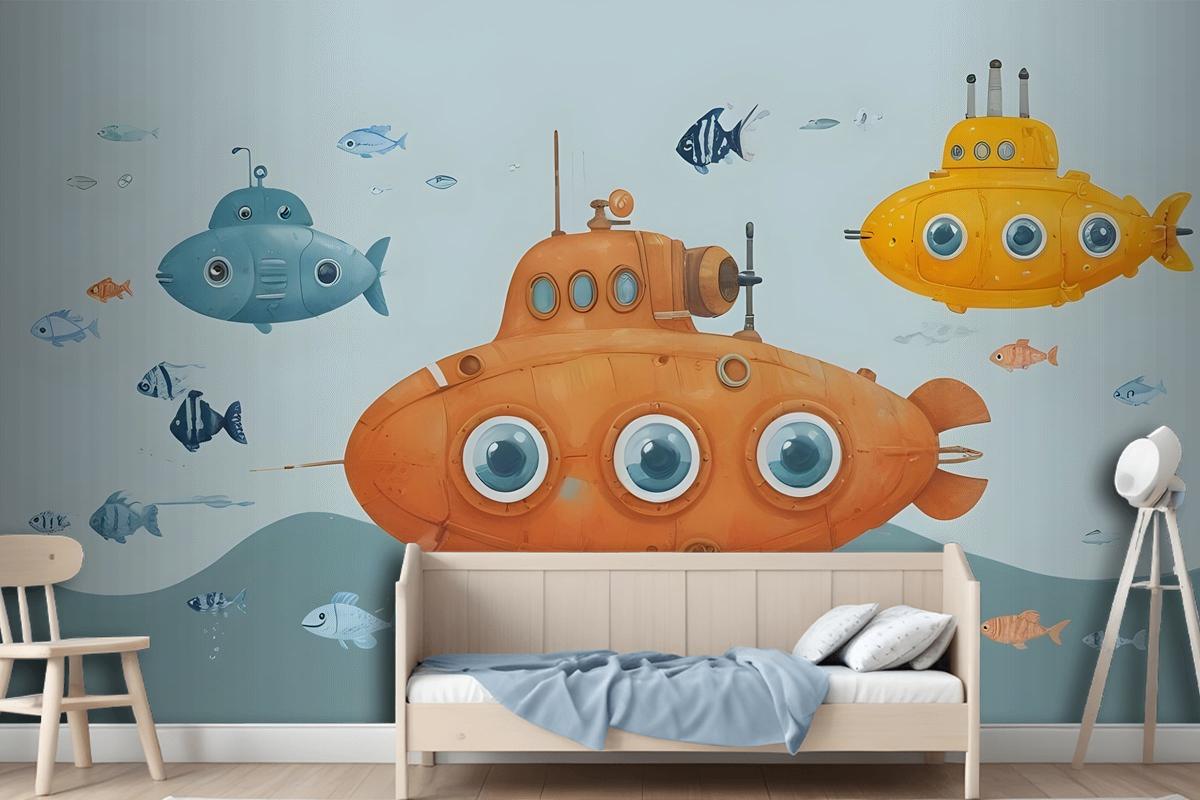 Kids Boys Watercolor Underwater With Submarine Wallpaper Mural