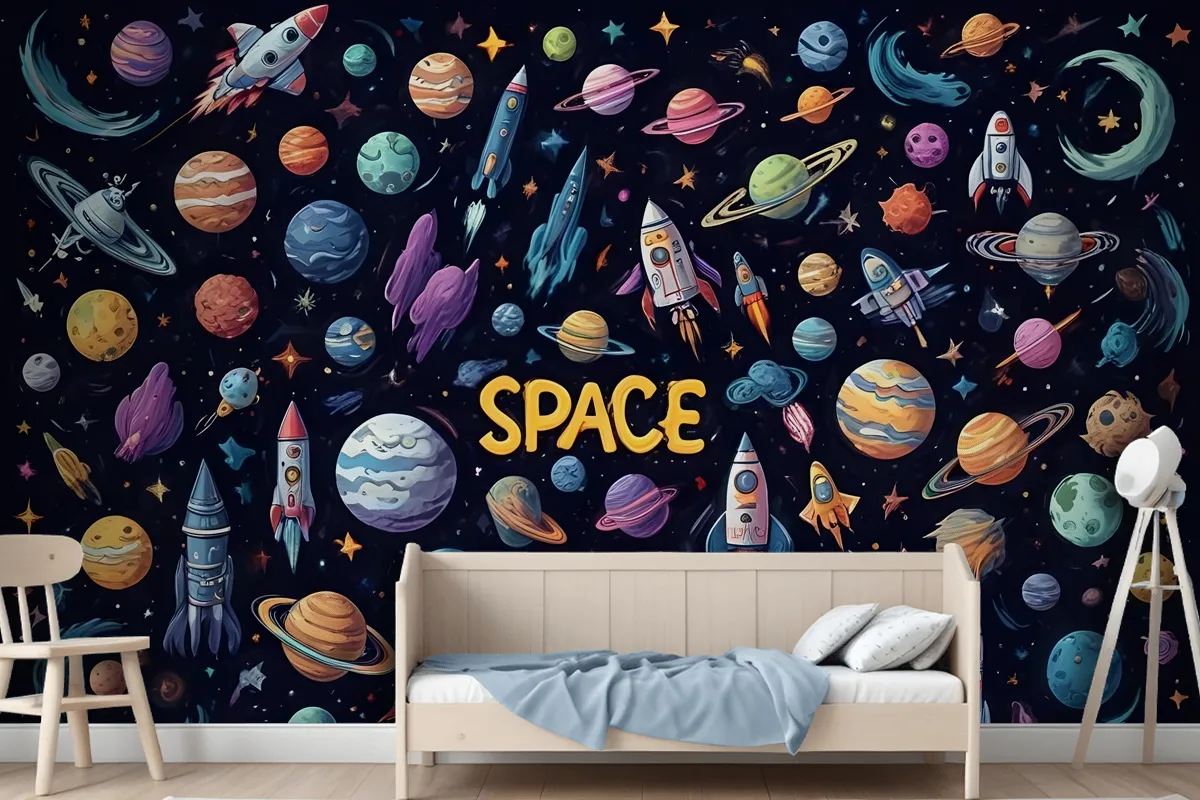 Kids Cartoon Space With Astronaut And Colorful Planets Wallpaper Mural