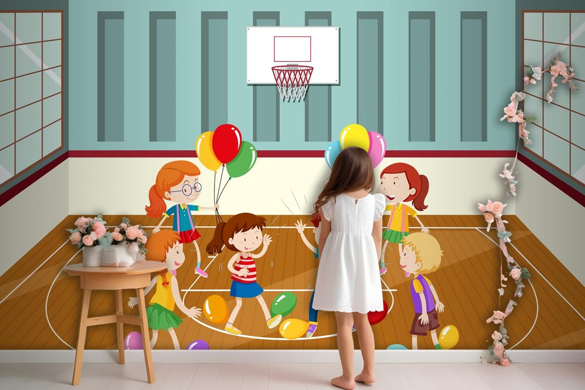 Kids Doing Physical Activity With Balloons Wallpaper Mural